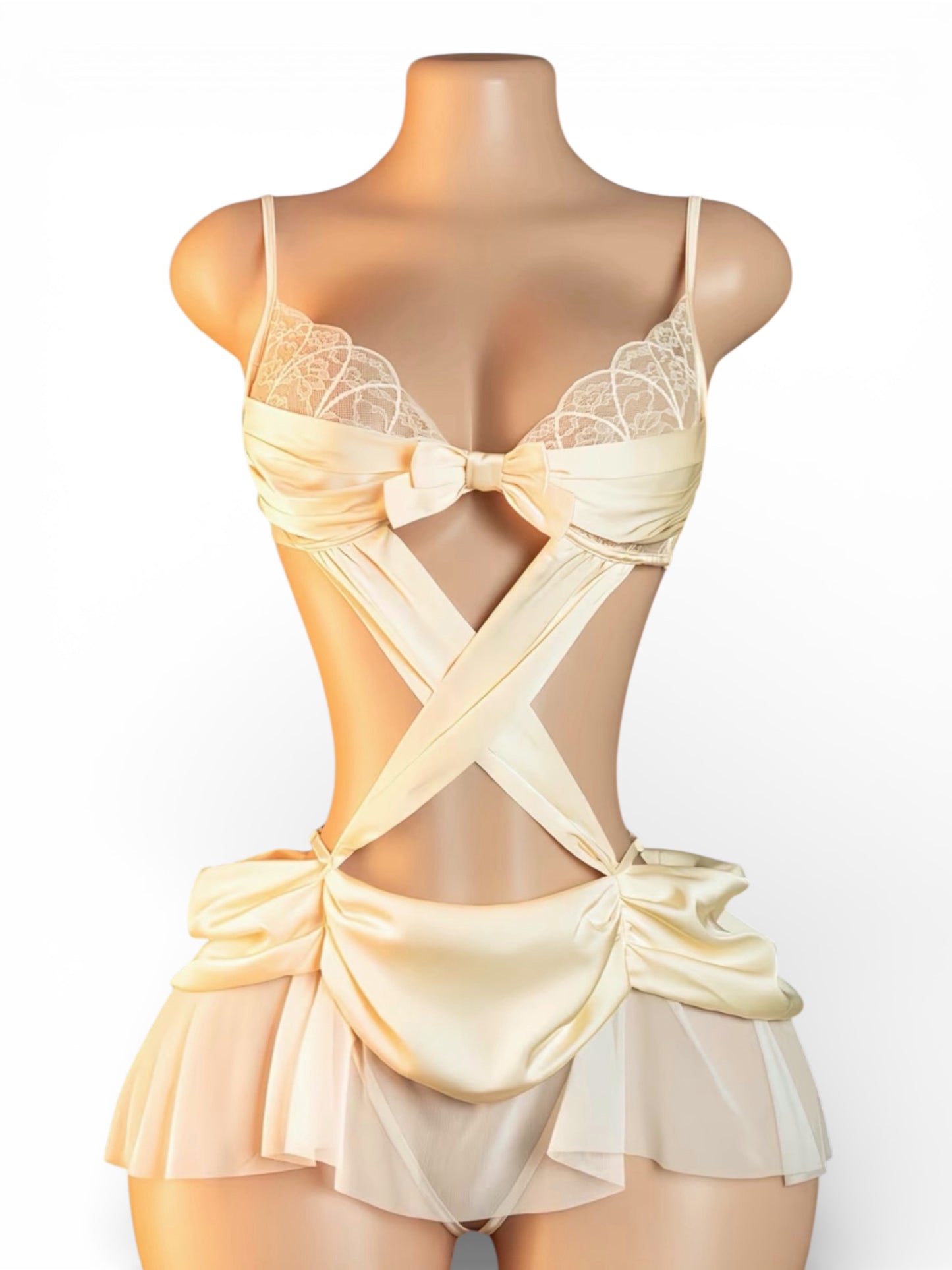 Leia Champagne Cascading Ruched Crotchless Bodysuit Fits XS-L