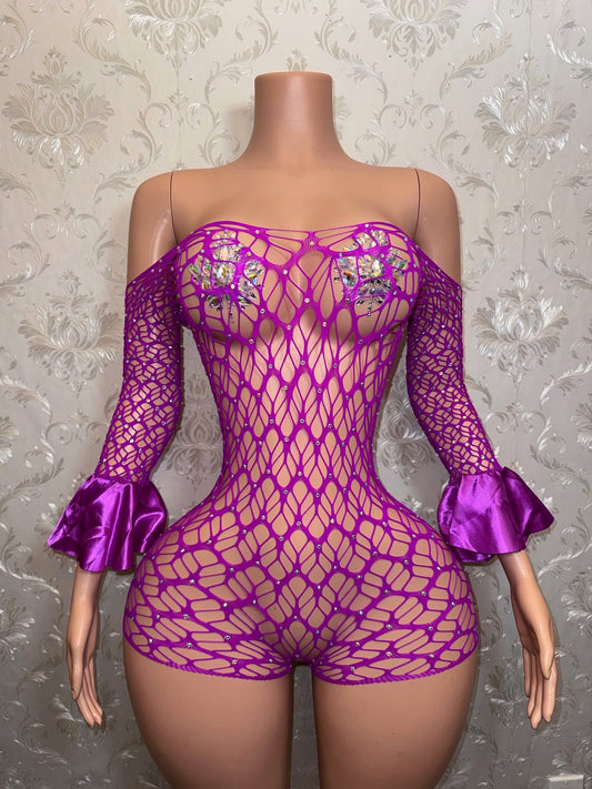 Kayla — Off Shoulder Fishnet Romper Fits XS-M