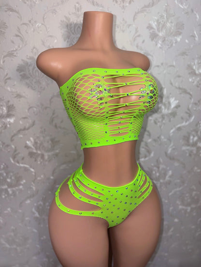 Natina Cheeky Fishnet Bra and Thong Set With Rhinestones Fits All