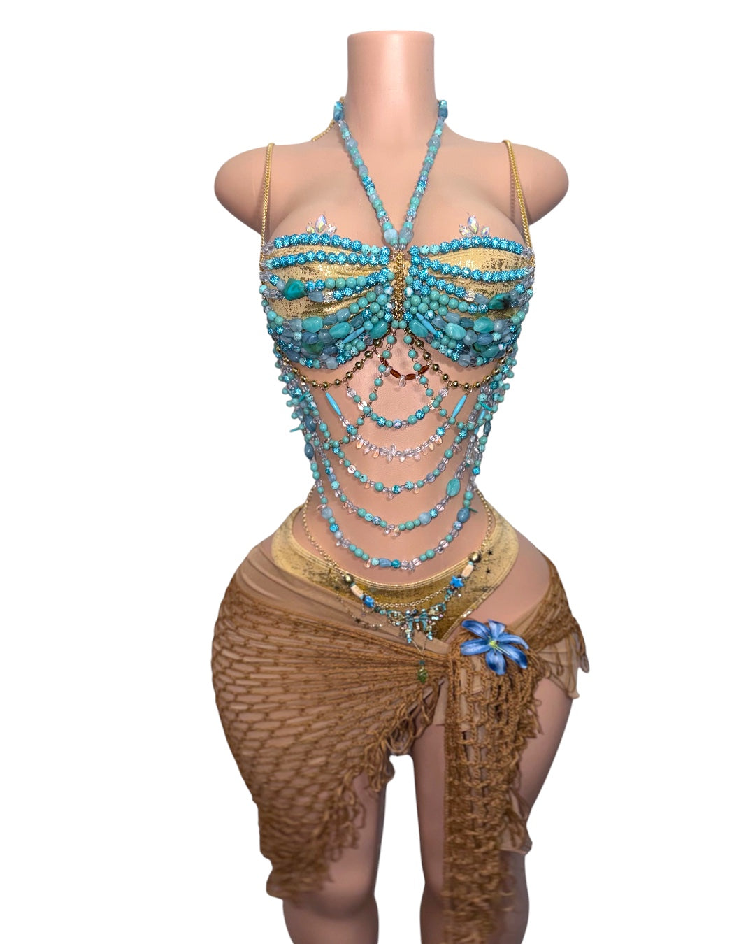 Bohemian Temptress Beaded Top 7 Piece Set With Brown Sarong Fits M