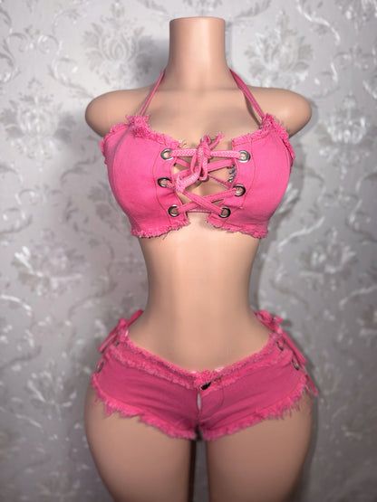 Amirah- 2 Piece Distressed Ultra Mini Denim Shorts Set