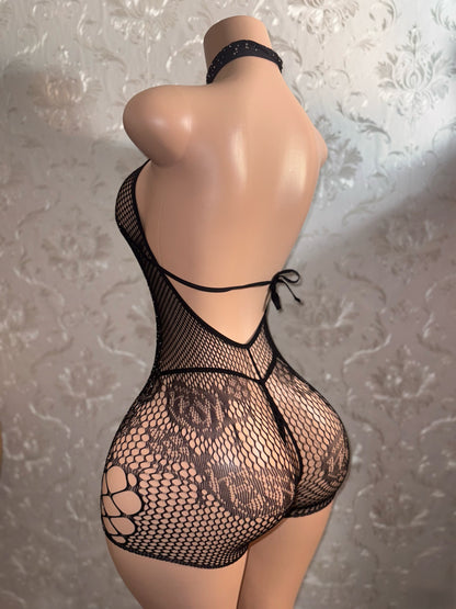 Mean Girl — Rhinestone 3 Piece Fishnet Romper Bikini Set