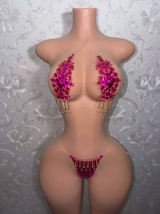 Hot Pink Dripping In Diamonds Crystal Bikini Birthday Set