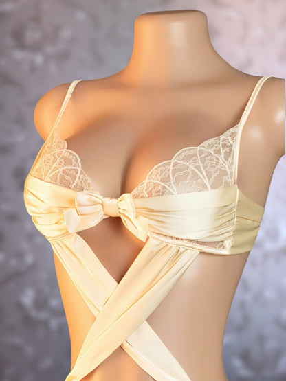 Leia Champagne Cascading Ruched Crotchless Bodysuit Fits XS-L