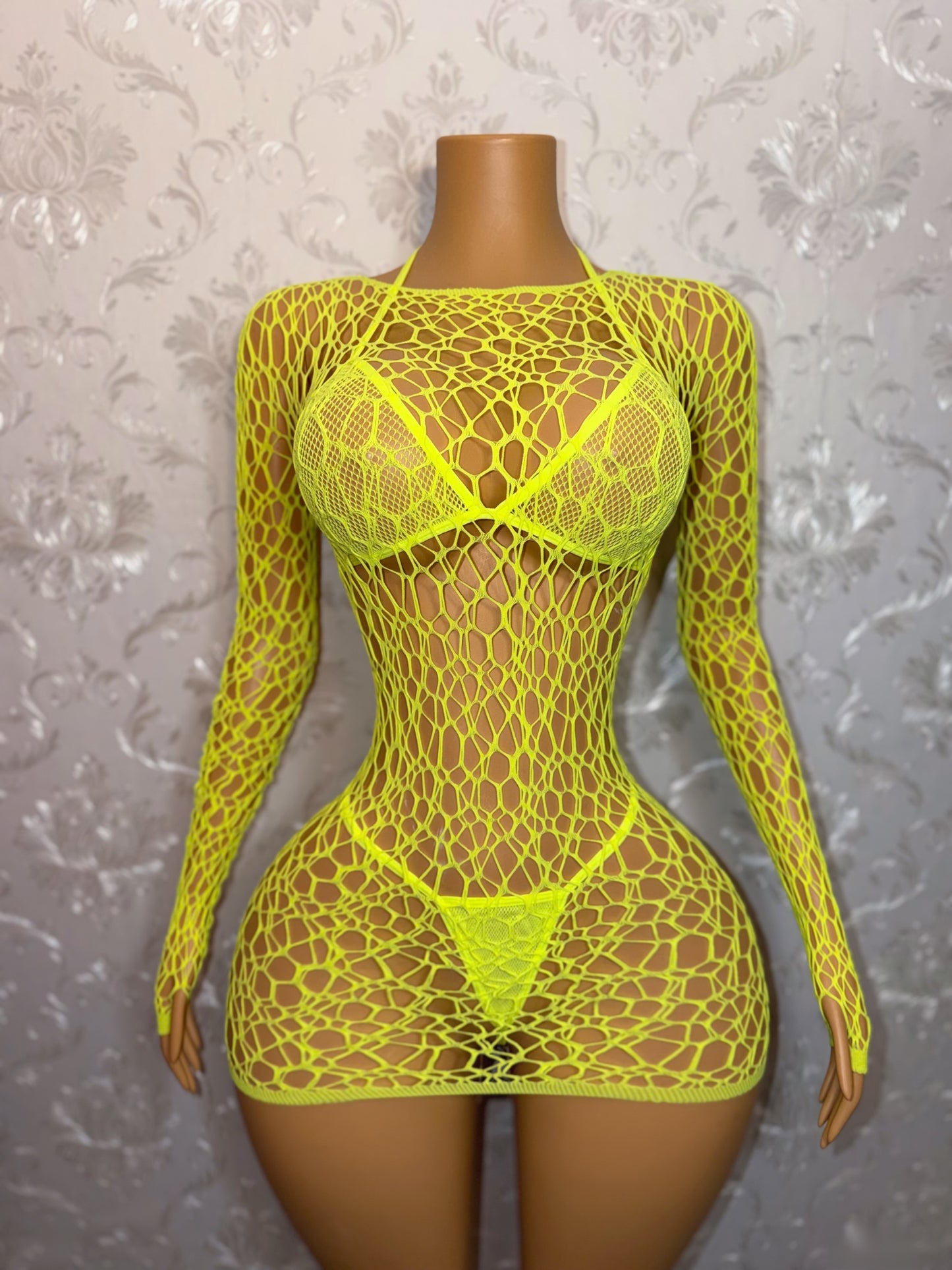 Electra 3 Piece Fishnet Dress and Bikini Set Fits XS-L