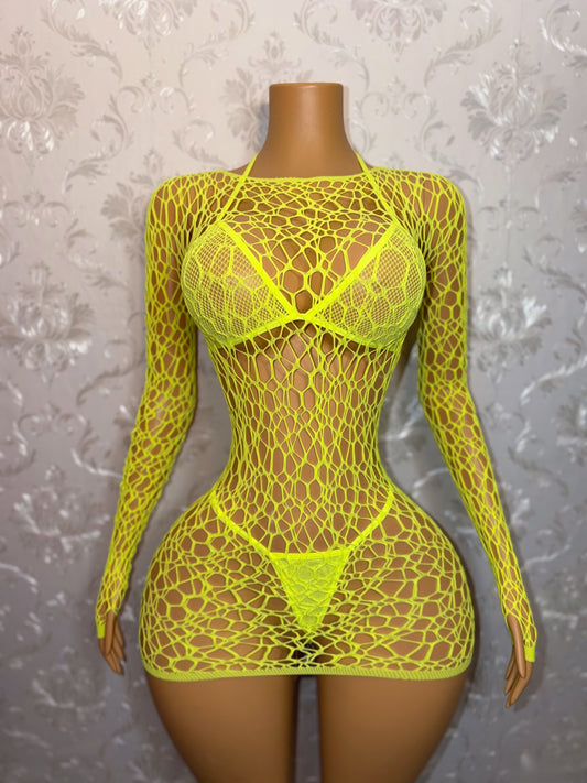 Electra 3 Piece Fishnet Dress and Bikini Set Fits XS-L