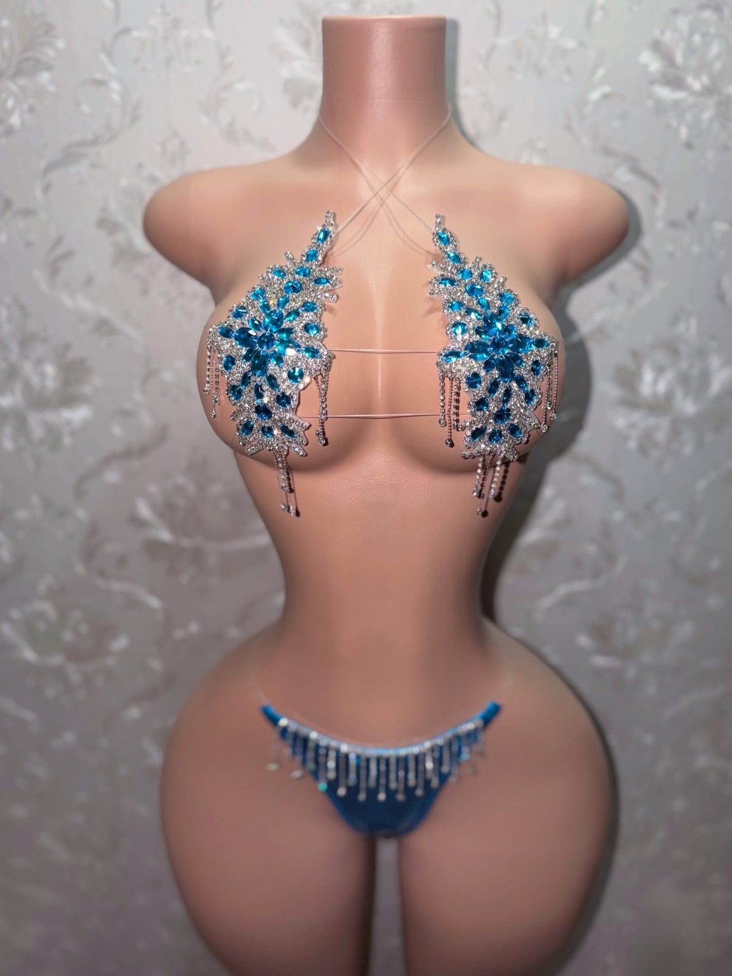 Aqua Blue Dripping In Diamonds Crystal Bikini Birthday Set