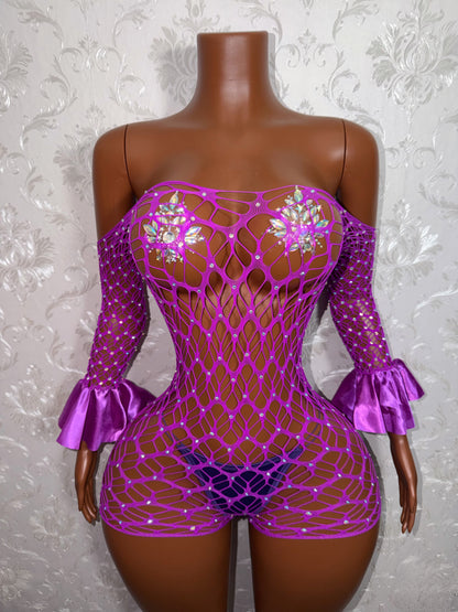 Kayla Off Shoulder Rhinestone Fishnet Romper Fits XS-M