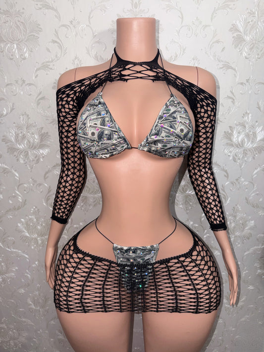 Bankroll Babe Bikini 4 Piece Set With Fishnet Shrug and Skirt Fits XS-M