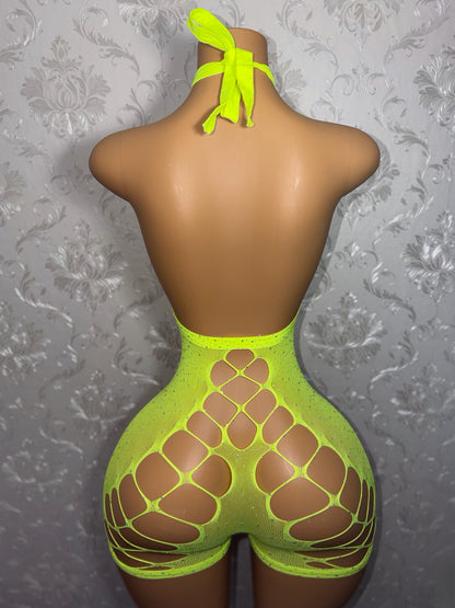 Dollas Diamond Sheer Fishnet Romper Fits XS-XL