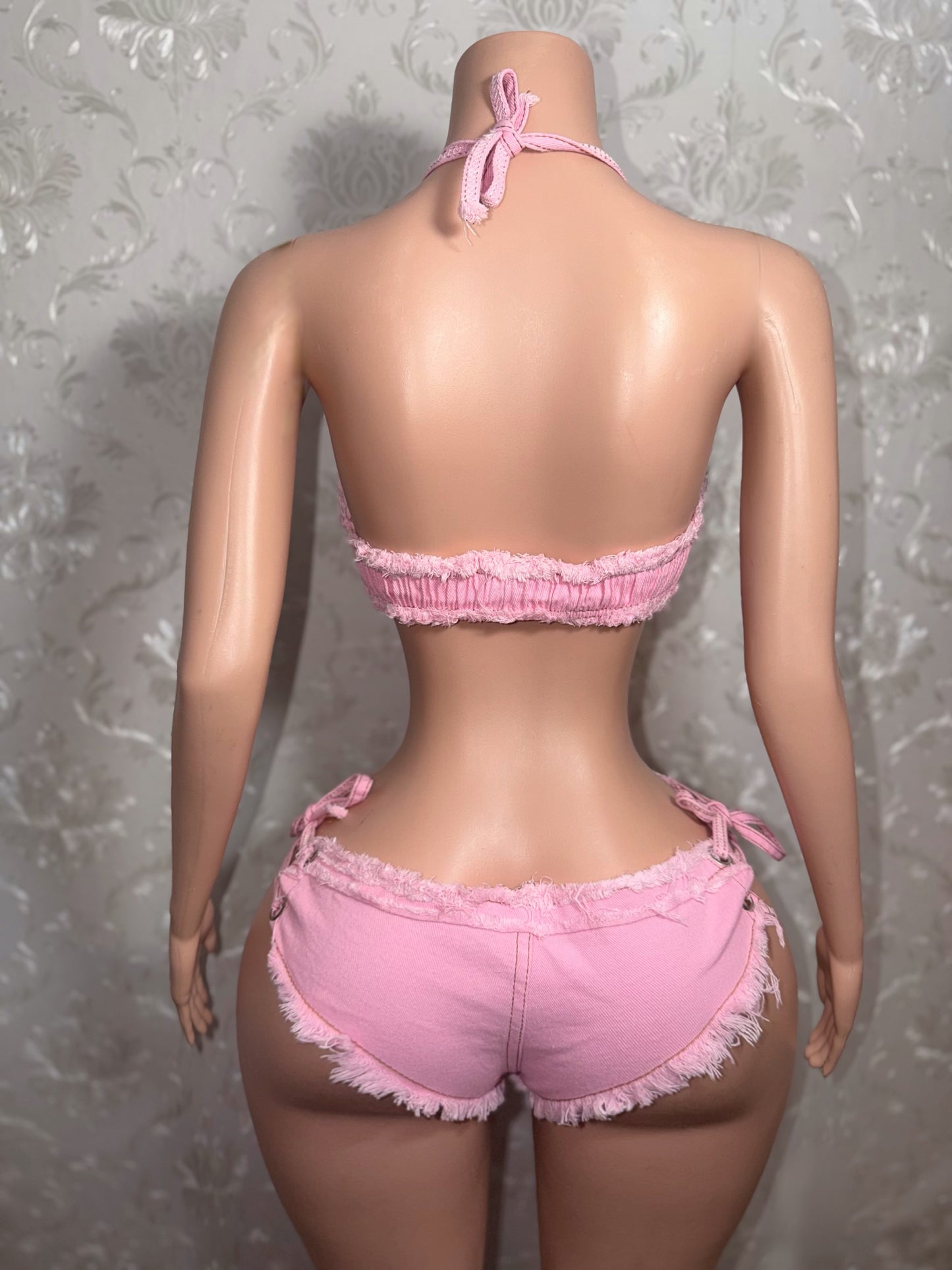 Amirah- 2 Piece Distressed Ultra Mini Denim Shorts Set