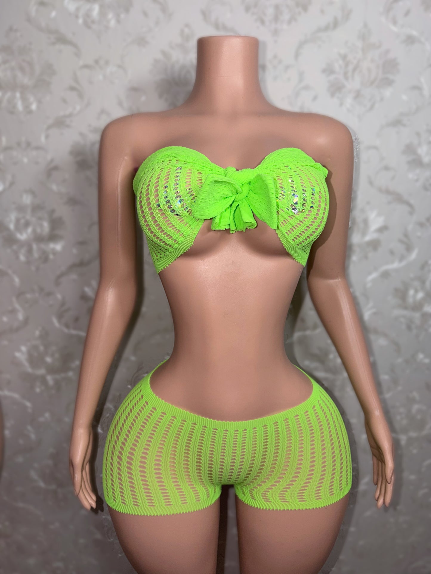 Caleesi Fishnet Shorts Set Pre-tied Bantu Knot Fits XS-L