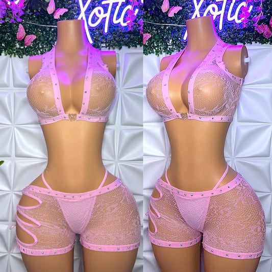 Ms. Daisy 🌼 — 3 Piece Lace Shorts Set and Thong with Rhinestones Fits S-L