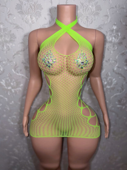 Teyana Fishnet Dress Optional Thong Fits XS-L