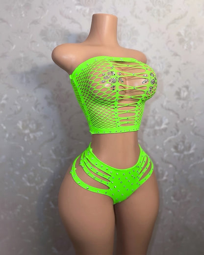 Natina Extra Rhinestones 2 Piece Cheeky Fishnet Set Fits All