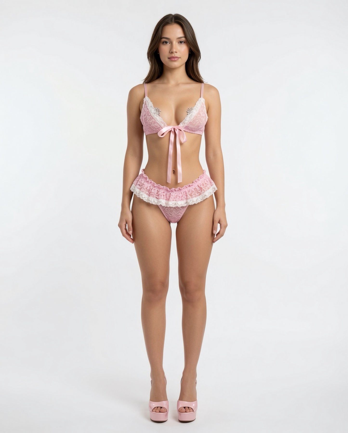 Sugar Baby Ruffle Trim 2 Piece Lace Bikini with Micro Skirt Thong