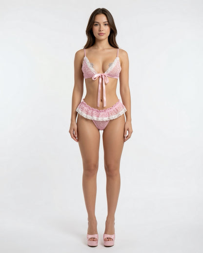 Sugar Baby Ruffle Trim 2 Piece Lace Bikini with Micro Skirt Thong