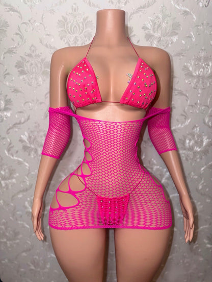 Martina Bikini + Teyana Fishnet Dress 3 Piece Set Fits XS-L