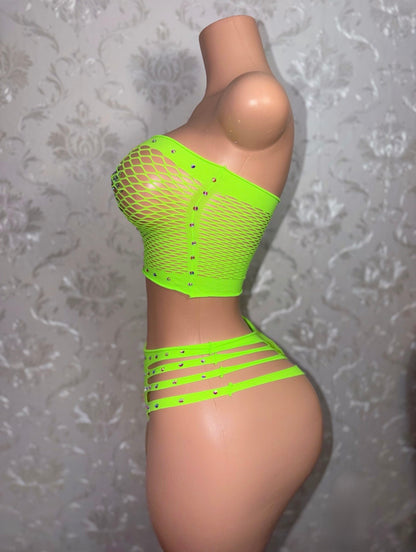 Natina Cheeky Fishnet Bra and Thong Set With Rhinestones Fits All