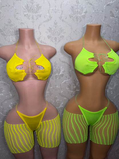 Jayda 3 Piece Bikini Set with Cutoff Fishnets Optional Stones