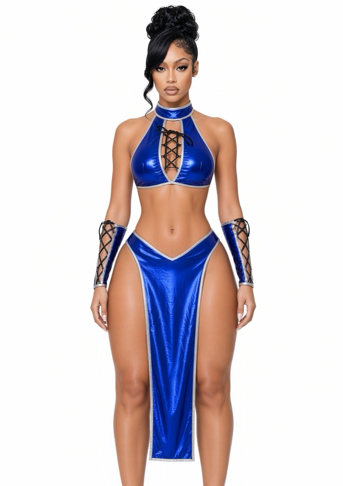 Baddie Kitana Cosplay 3 Piece Set Optional Thong and Thigh Garters