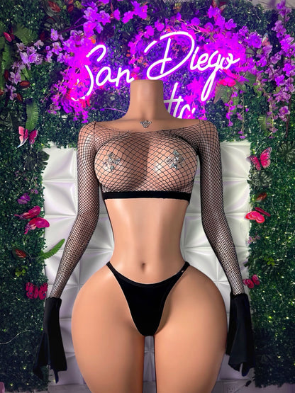 Bella Bell Sleeve Crop Fishnet 2 Piece Set Fits XS-L