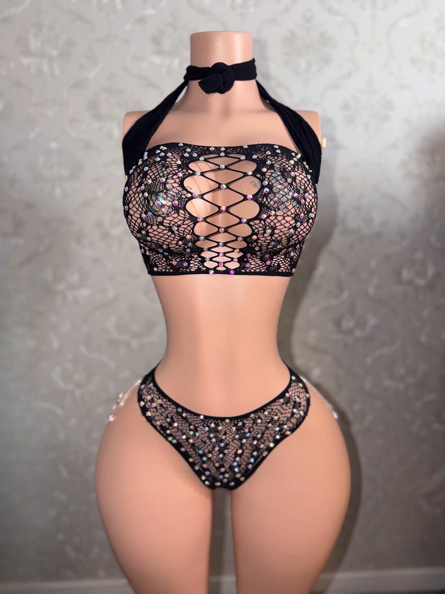 Riley Rhinestone Long Sleeve Cheetah Fishnet Tassel Thong Set Fits XS-L