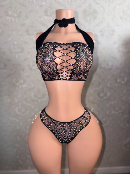 Riley Rhinestone Long Sleeve Cheetah Fishnet Tassel Thong Set Fits XS-L