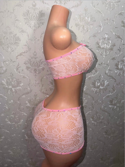 Amber Baby Pink Rhinestone Fishnet Shorts Set Fits XS-M