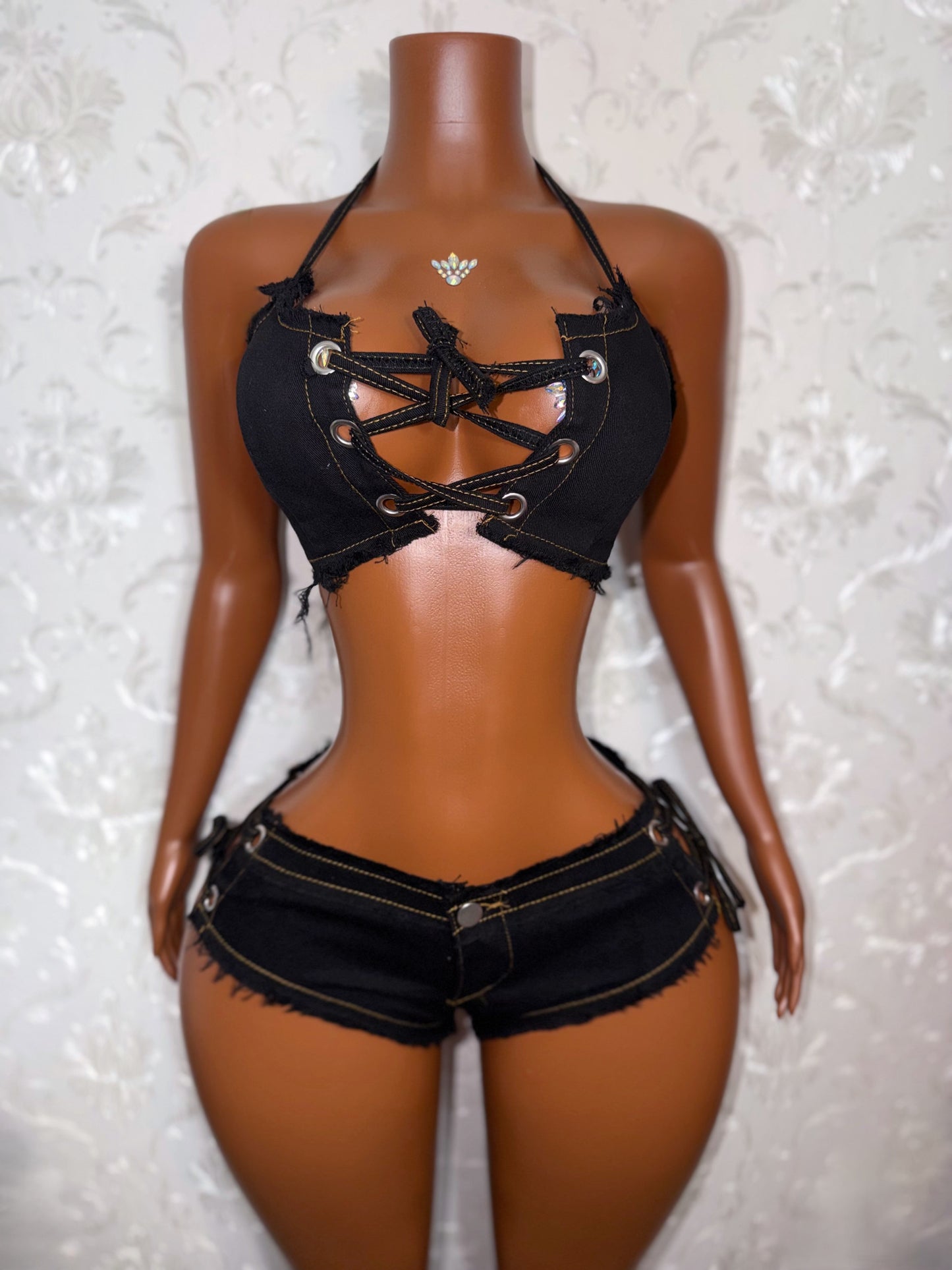 Amirah- 2 Piece Distressed Ultra Mini Denim Shorts Set