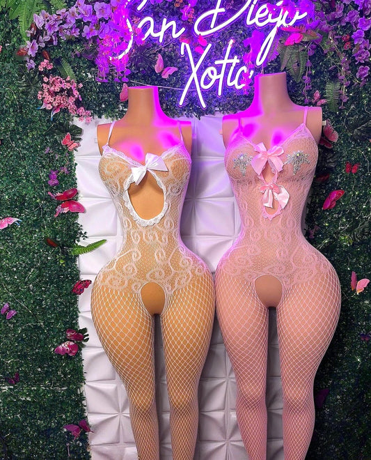 Babydoll Fishnet Bodystocking with Bow Fits XS-L