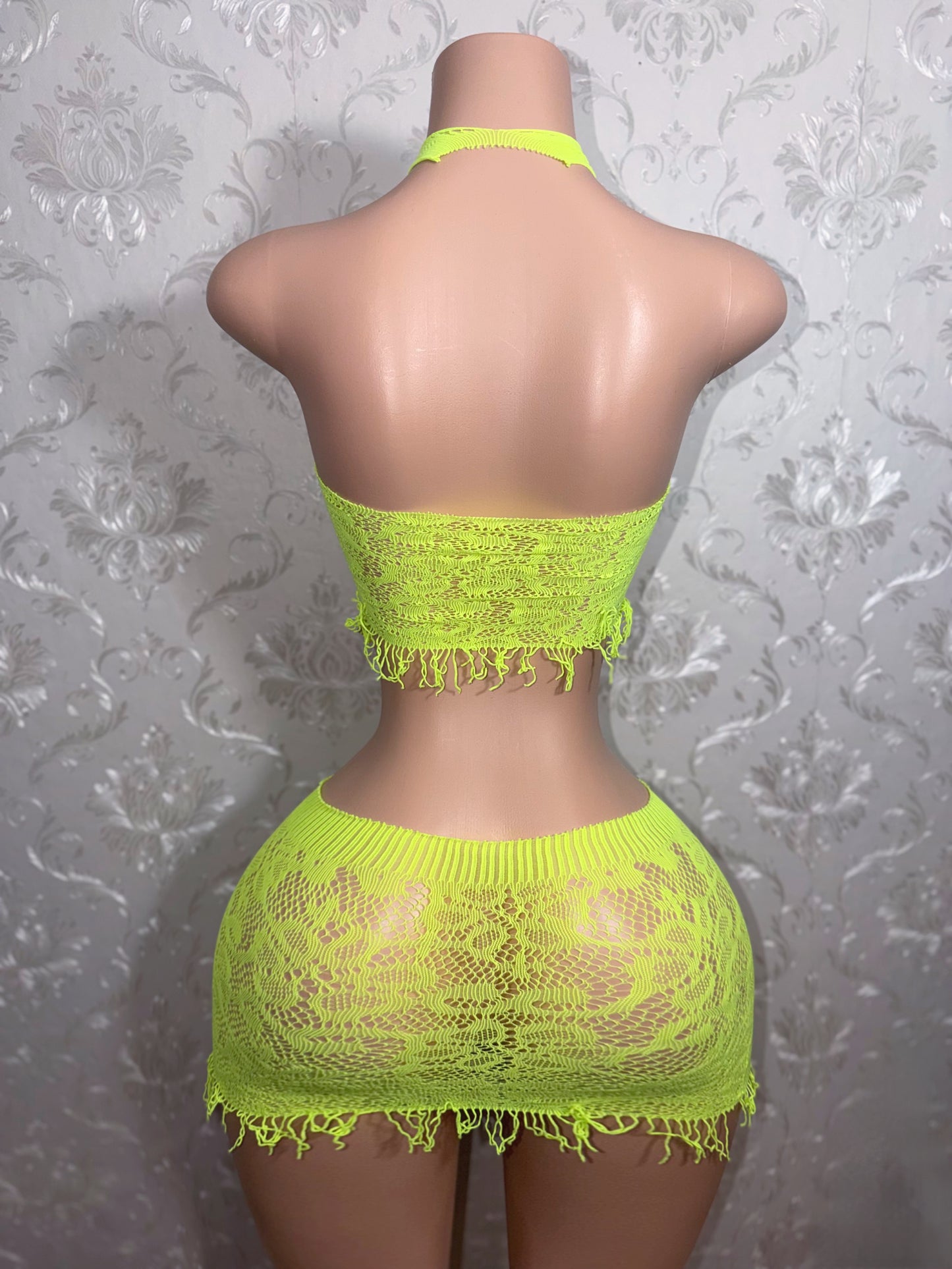 Amber Fringe Fishnet Skirt Set Fits XS-L