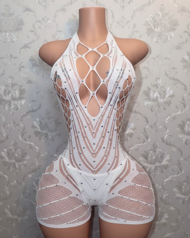 PLT Original Halter Fishnet Romper With Rhinestones Fits XS-XL