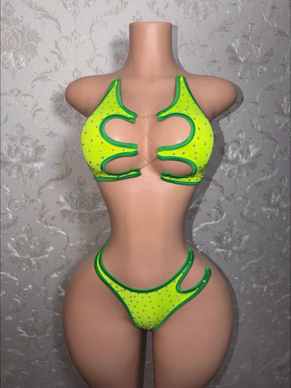 Sour Apple Mamacita 2 Piece Asymmetrical Rhinestone Bikini