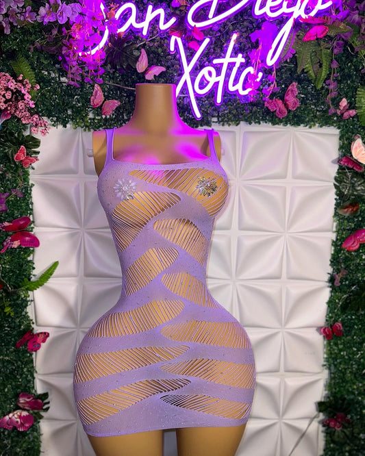 Naomi — Bedazzled Fishnet Dress Fits XS-XL Romper Fits XS-M Lilac New Shade