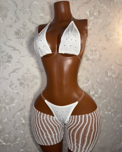 Chyna — 3 Piece Set Triangle Bikini with Clear Stones & Cut-Off Fishnets