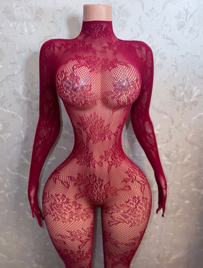 Kaliyah Burgundy Lace Bodystocking Fits XS-XL