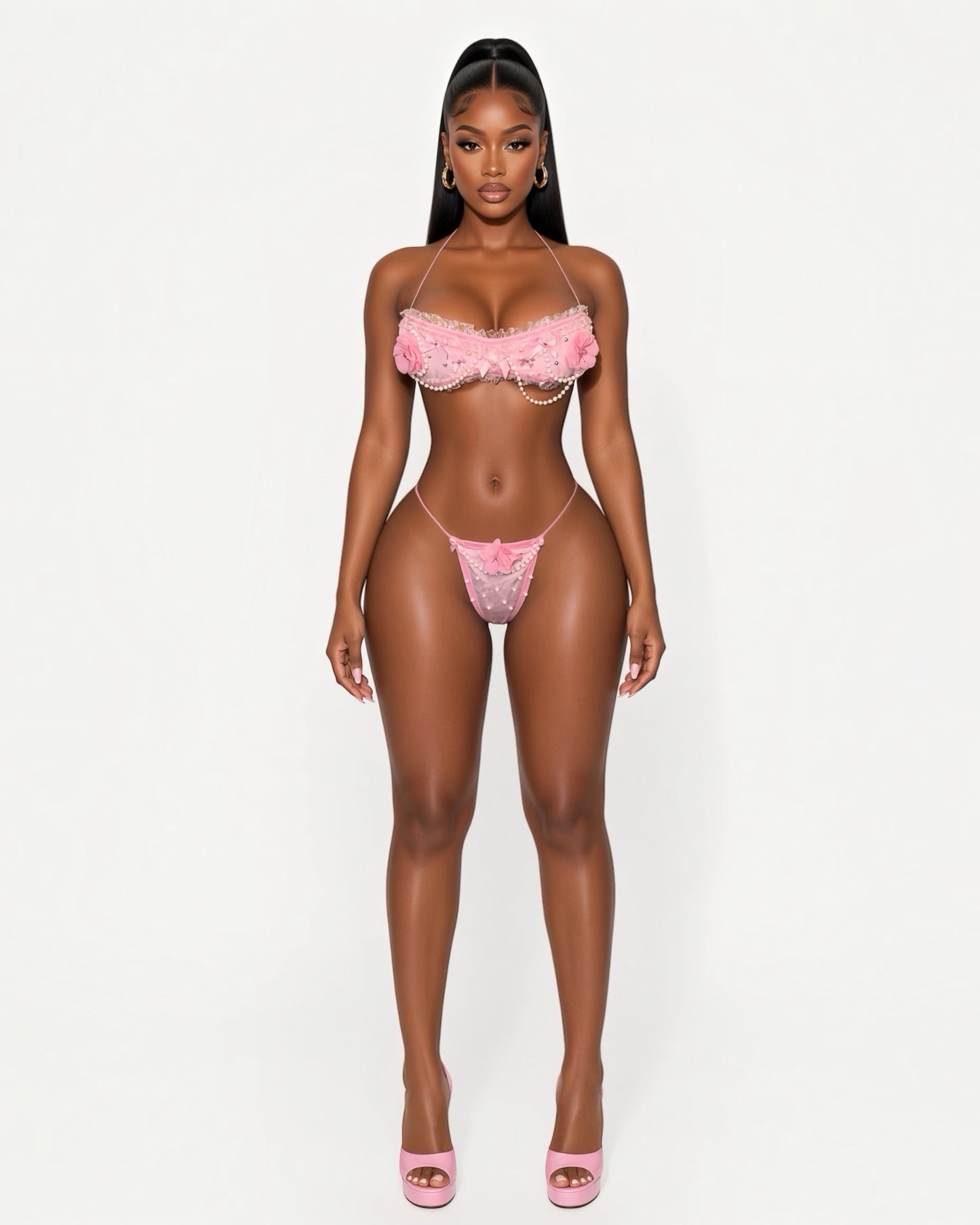 Paris Velour Ruffle Lace Trim Bandeau Bikini Set
