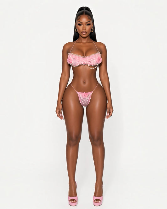 Paris Velour Ruffle Lace Chiffon Rosettes Bandeau Bikini Set