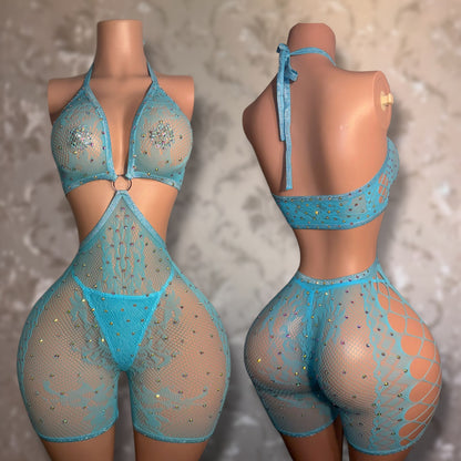 SPICE GIRL — Baby Blue Lace Fishnet Romper with Thong