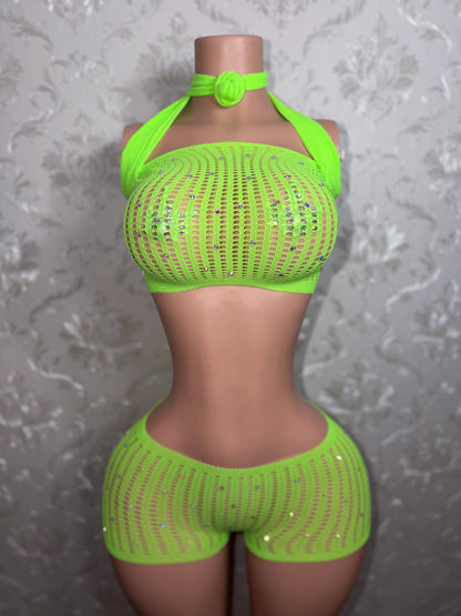 Caleesi Fishnet Shorts Set Pre-tied Bantu Knot Fits XS-L