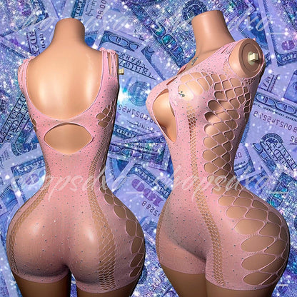 Tracie — Bedazzled Crop Tee Romper Baby Tee Fishnet Romper Fits XS-XL
