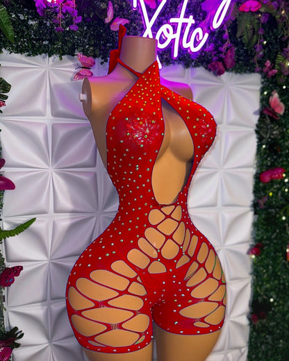 Dollas Fishnet Romper Set with Rhinestones and Thong Fits XS-XL