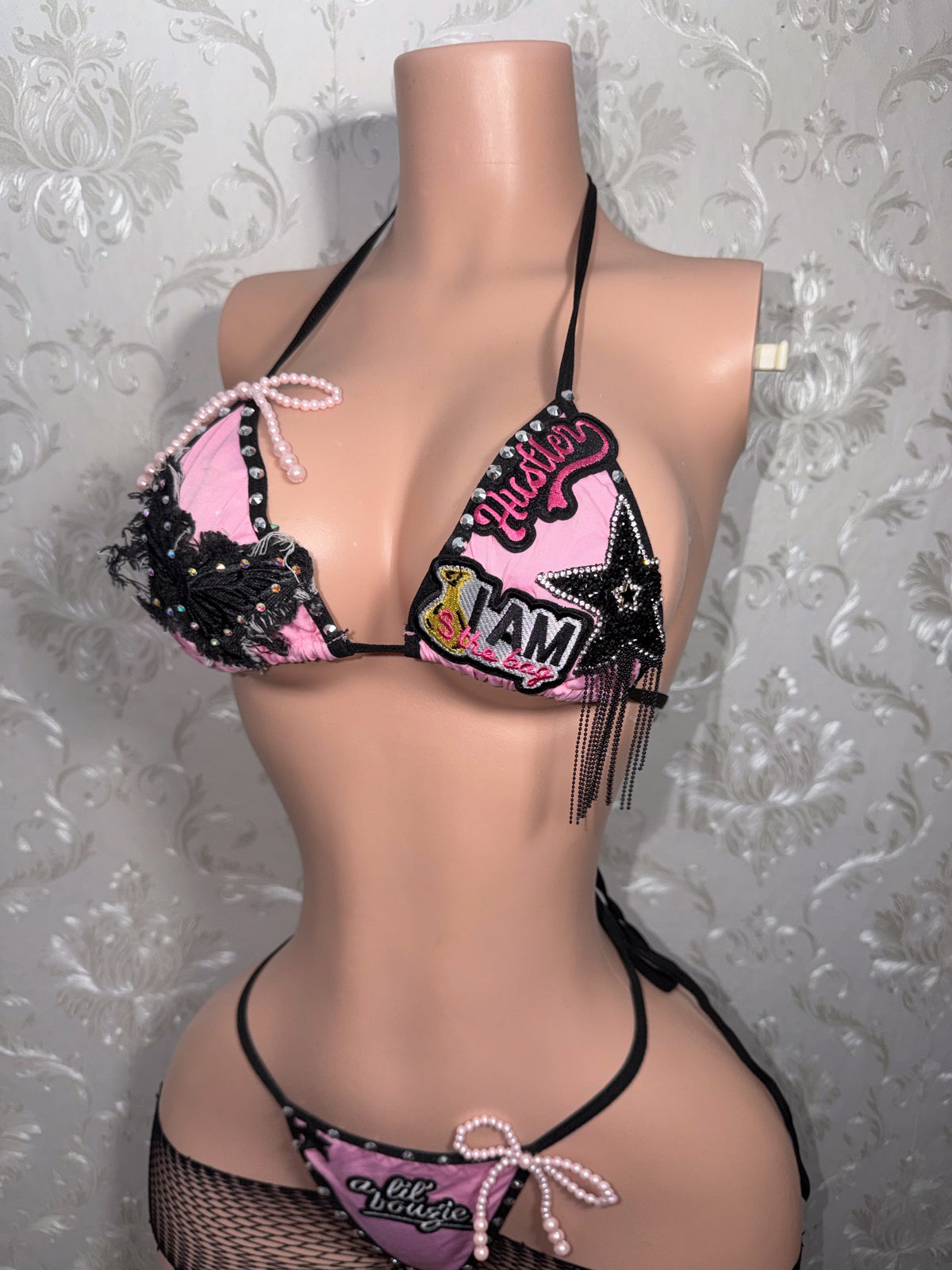 Bad To The Bone 2.0 Alt Core Y2K Patchwork Bikini + Fishnet 4 Piece Cutoff Shorts Set
