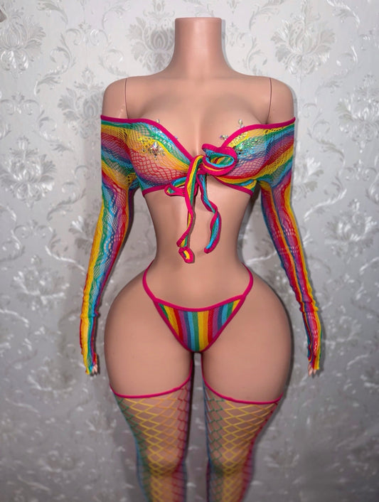 Rainbow Venus 3 Piece Fishnet Set with Stockings Fits XS-L