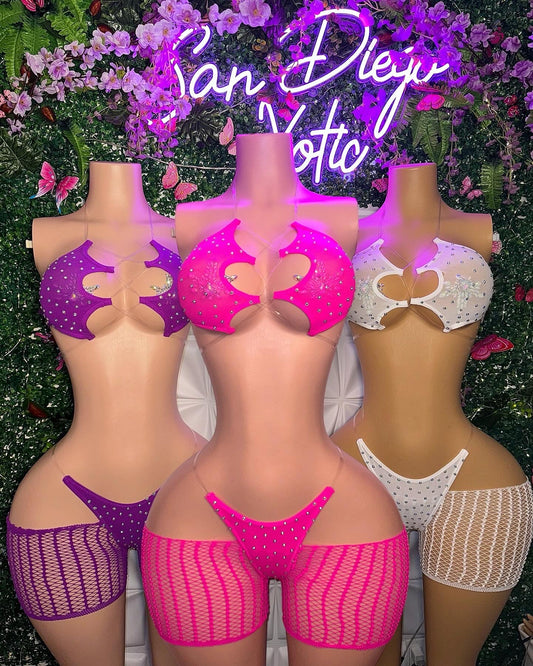 Riyah 3 Piece Set Rhinestone Mesh Kini with Cut-Off Fishnets Fits S-XL