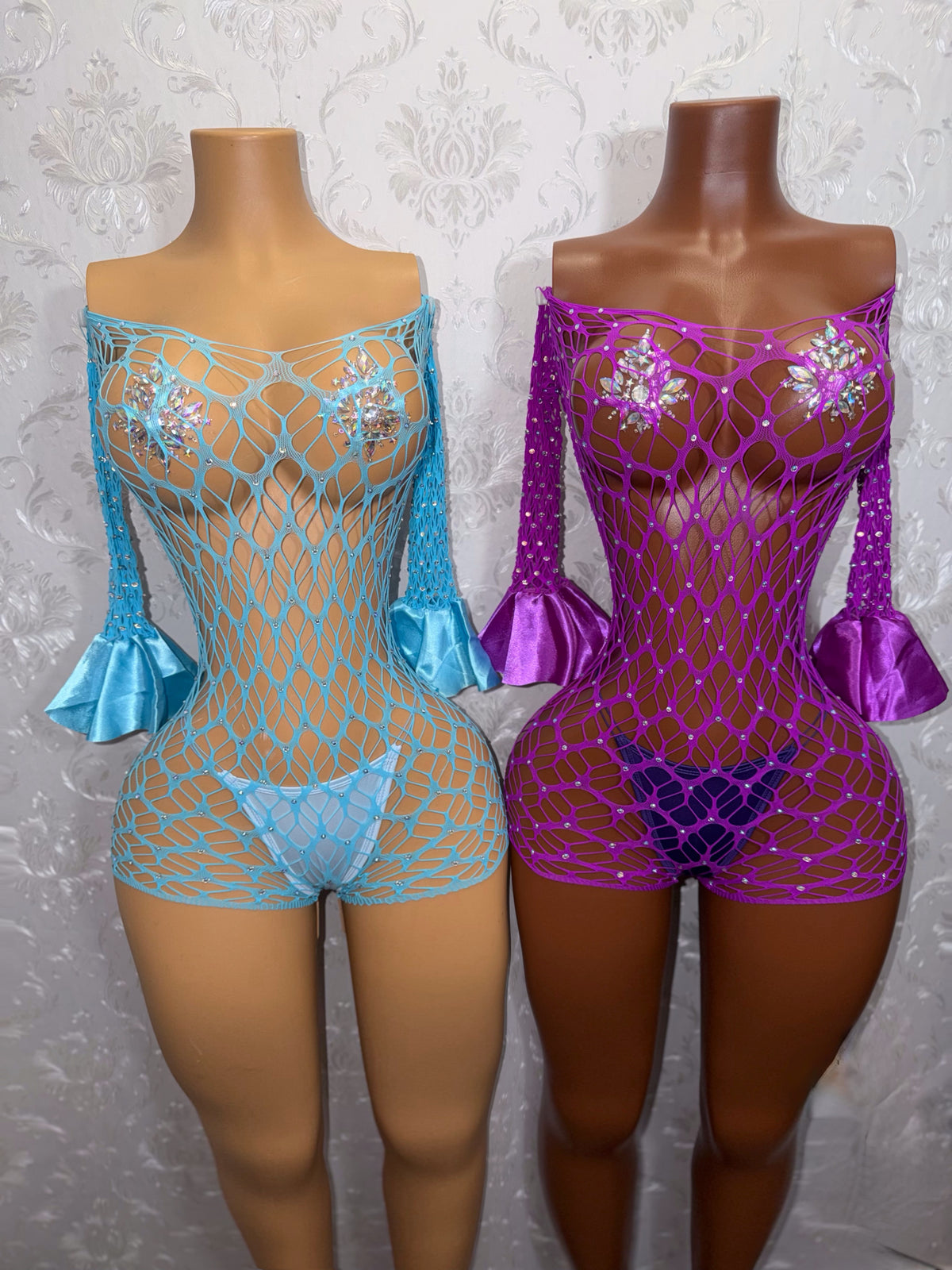 Kayla Off Shoulder Rhinestone Fishnet Romper Fits XS-M