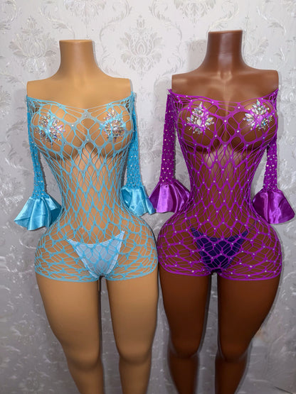 Kayla Off Shoulder Rhinestone Fishnet Romper Fits XS-M