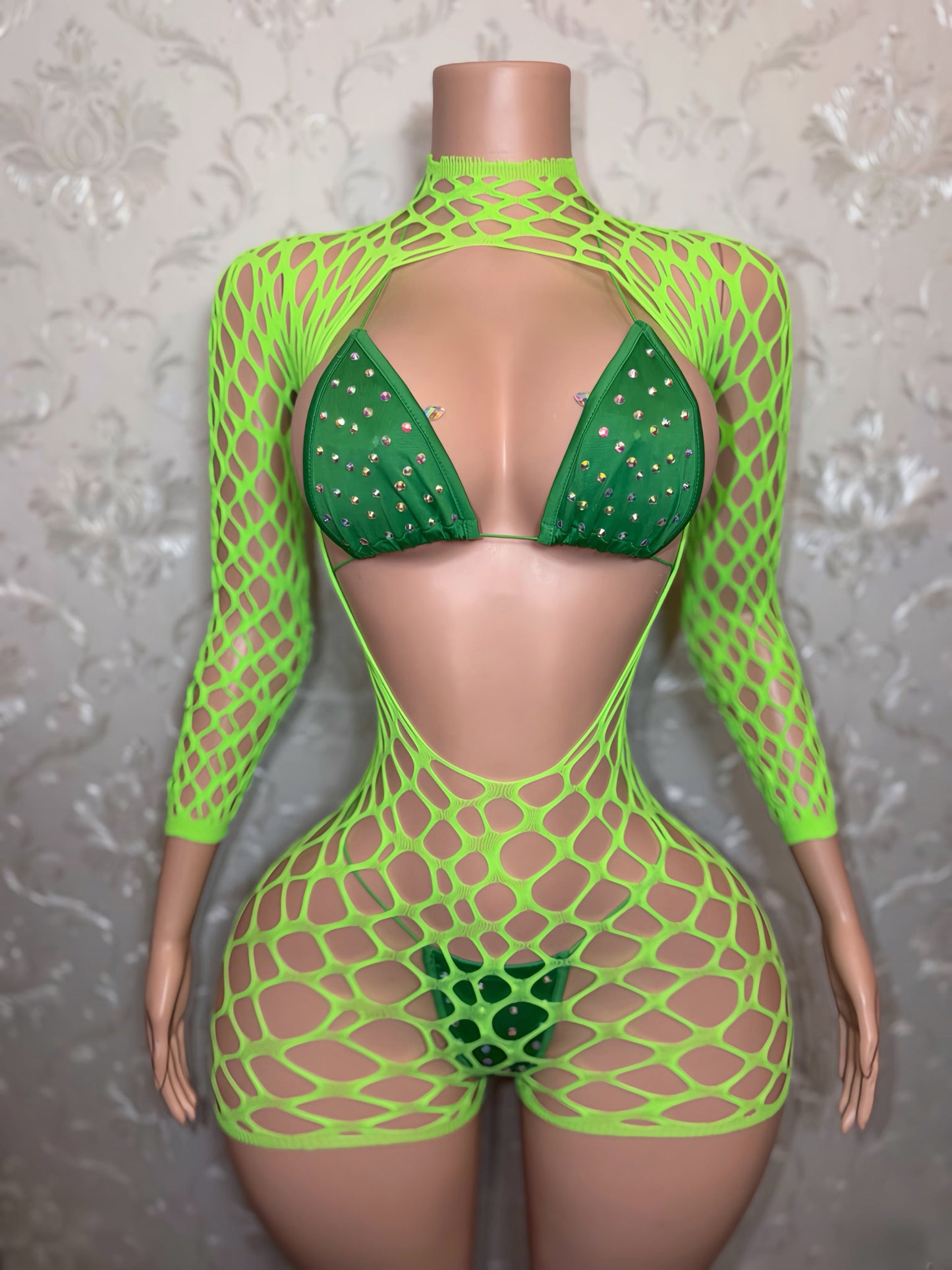 Avery Long Sleeve Reversible Fishnet Romper Bikini Set Fits XS-L