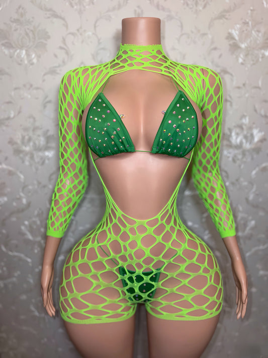 Avery Long Sleeve Reversible Fishnet Romper Bikini Set Fits XS-L